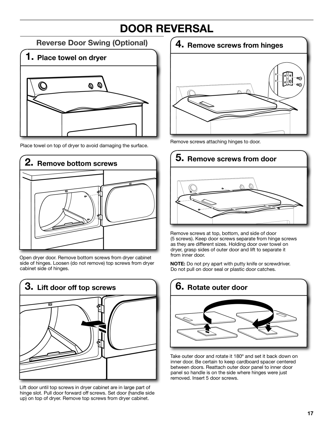 Whirlpool W10115226B, W10115227B-SP Reverse Door Swing Optional, Remove screws from hinges, Place towel on dryer 