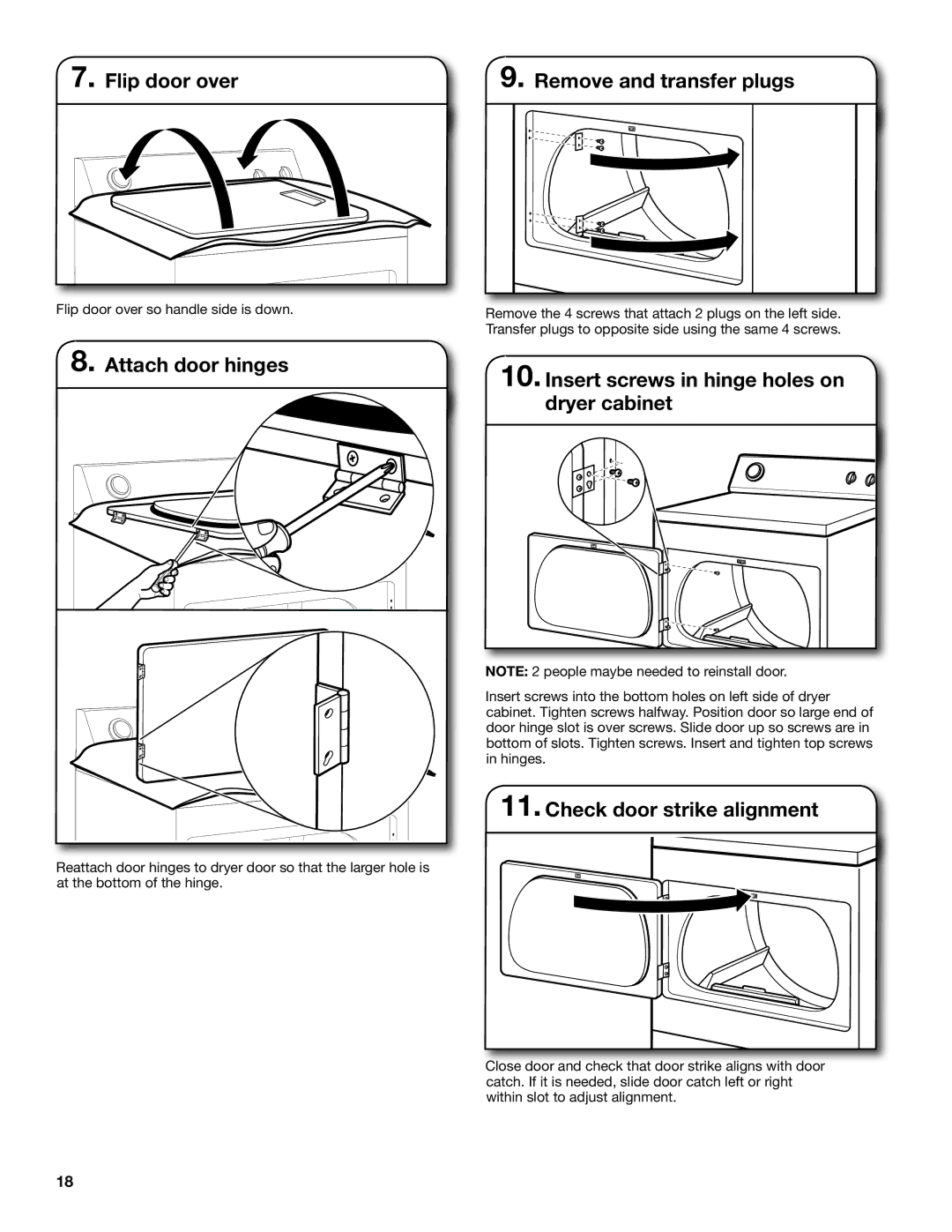 Whirlpool W10115227B-SP Flip door over, Attach door hinges, Remove and transfer plugs, Check door strike alignment 