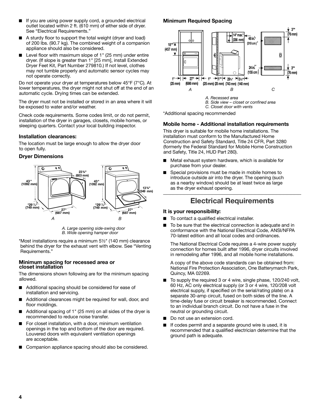 Whirlpool W10115227B-SP, W10115226B installation instructions Electrical Requirements 