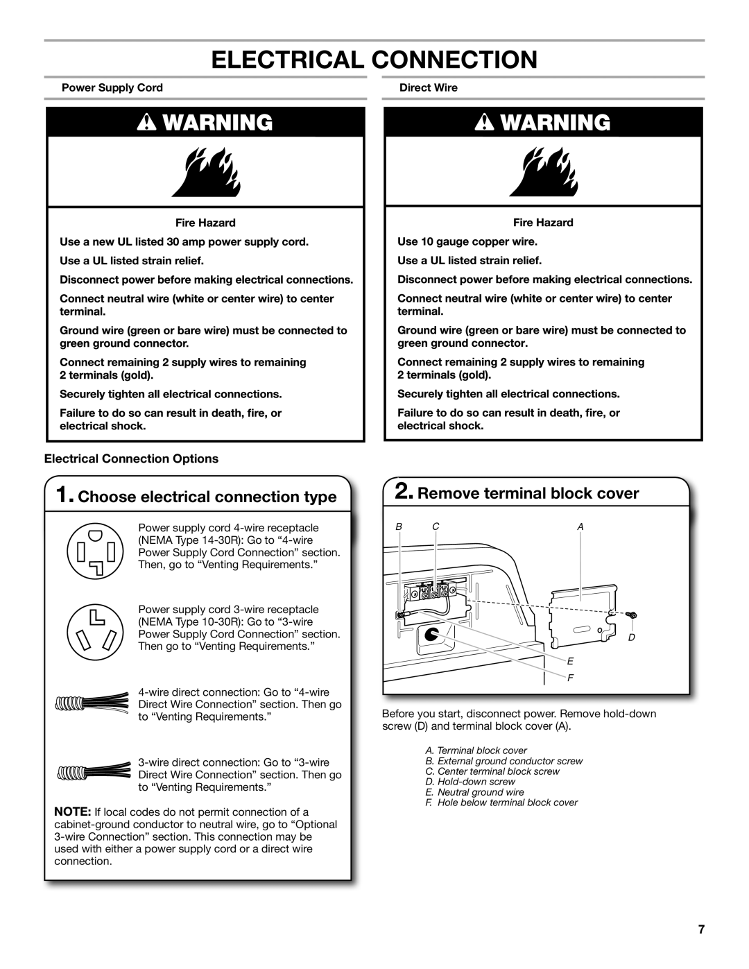 Whirlpool W10115226B Choose electrical connection type, Remove terminal block cover, Electrical Connection Options 