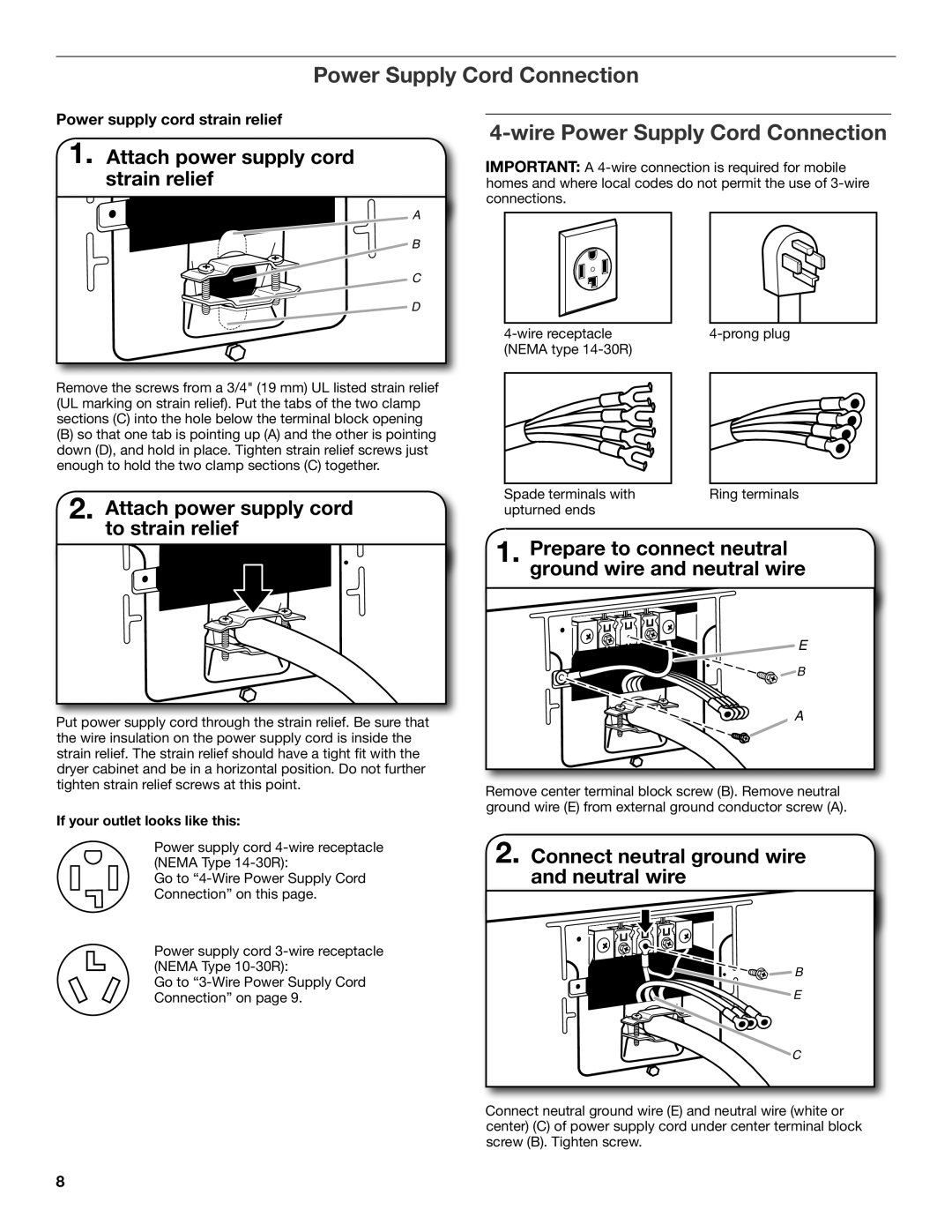 Whirlpool W10115227B-SP, W10115226B installation instructions Wire Power Supply Cord Connection 