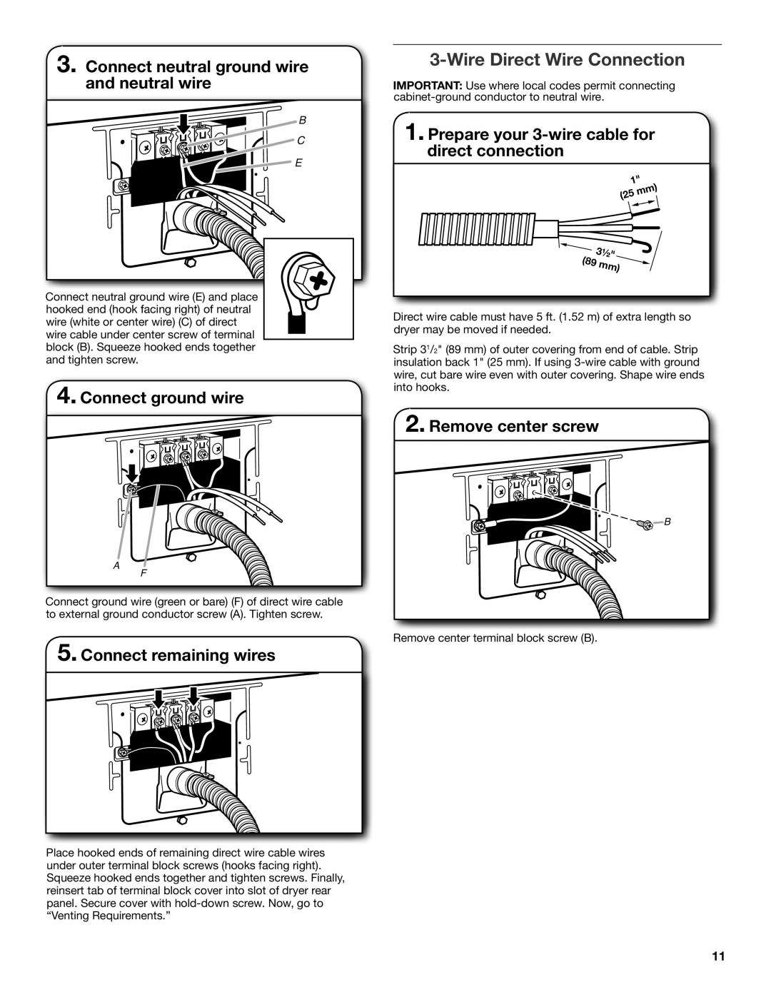 Whirlpool W10115226C Connect neutral ground wire and neutral wire, Prepare your 3-wire cable for direct connection 