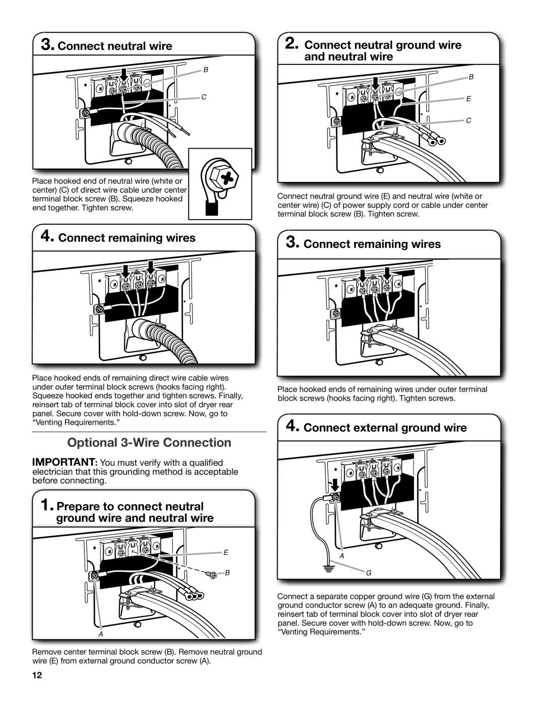 Whirlpool W10115227C-SP, W10115226C installation instructions Optional 3-Wire Connection, Connect external ground wire 