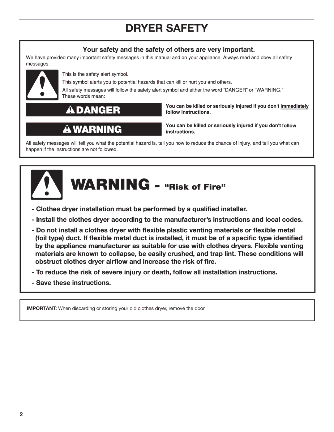 Whirlpool W10115227C-SP, W10115226C installation instructions Dryer Safety 