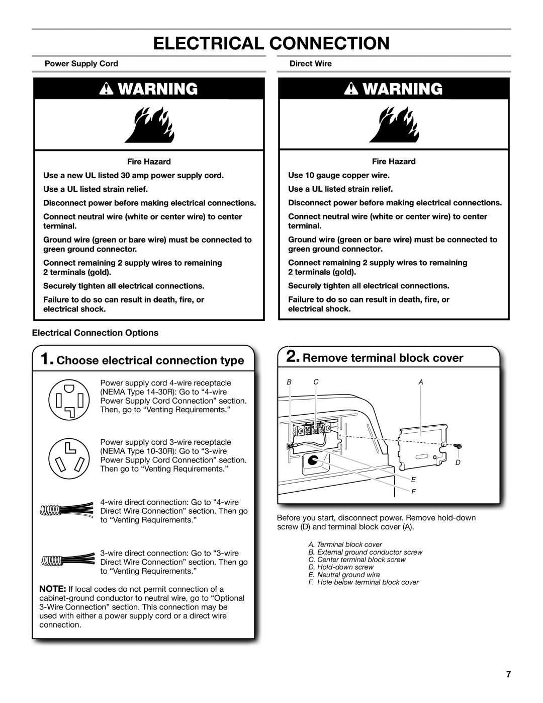 Whirlpool W10115226C, W10115227C-SP Electrical Connection, Choose electrical connection type, Remove terminal block cover 