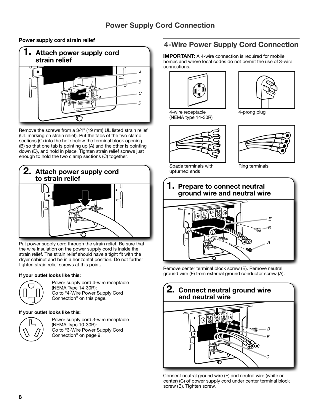 Whirlpool W10115227C-SP, W10115226C installation instructions Wire Power Supply Cord Connection 