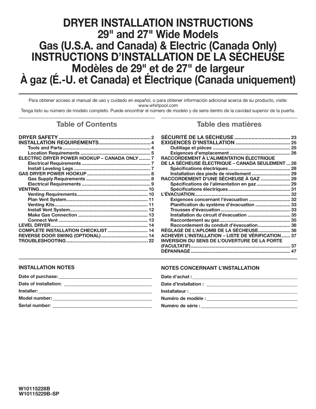 Whirlpool W10115229B-SP, W10115228B installation instructions Gaz É.-U. et Canada et Électrique Canada uniquement 