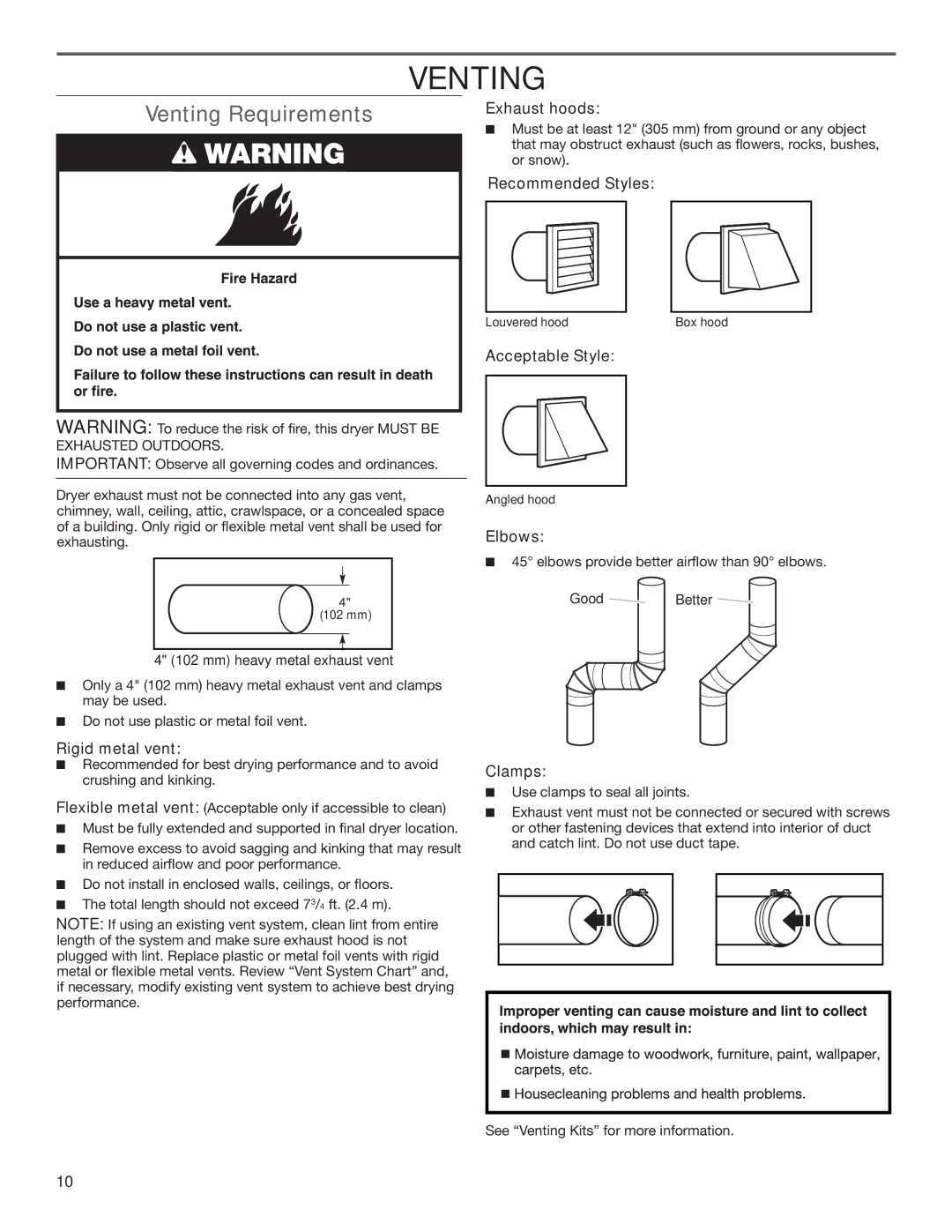 Whirlpool W10115228B, W10115229B-SP installation instructions Venting Requirements 