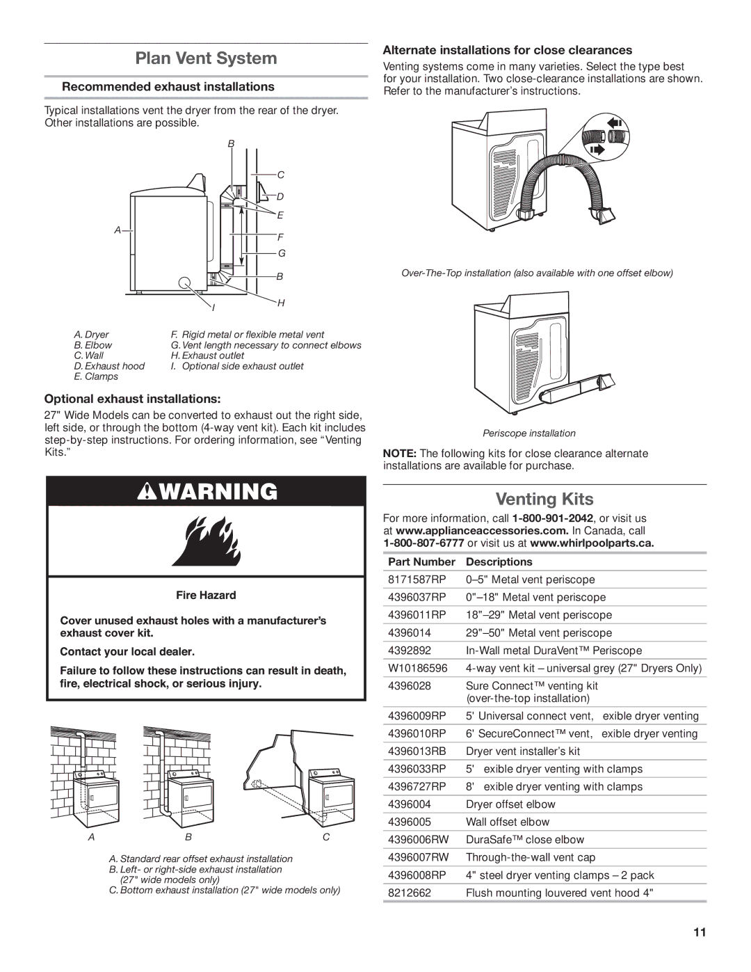 Whirlpool W10115229B-SP Plan Vent System, Venting Kits, Recommended exhaust installations, Optional exhaust installations 