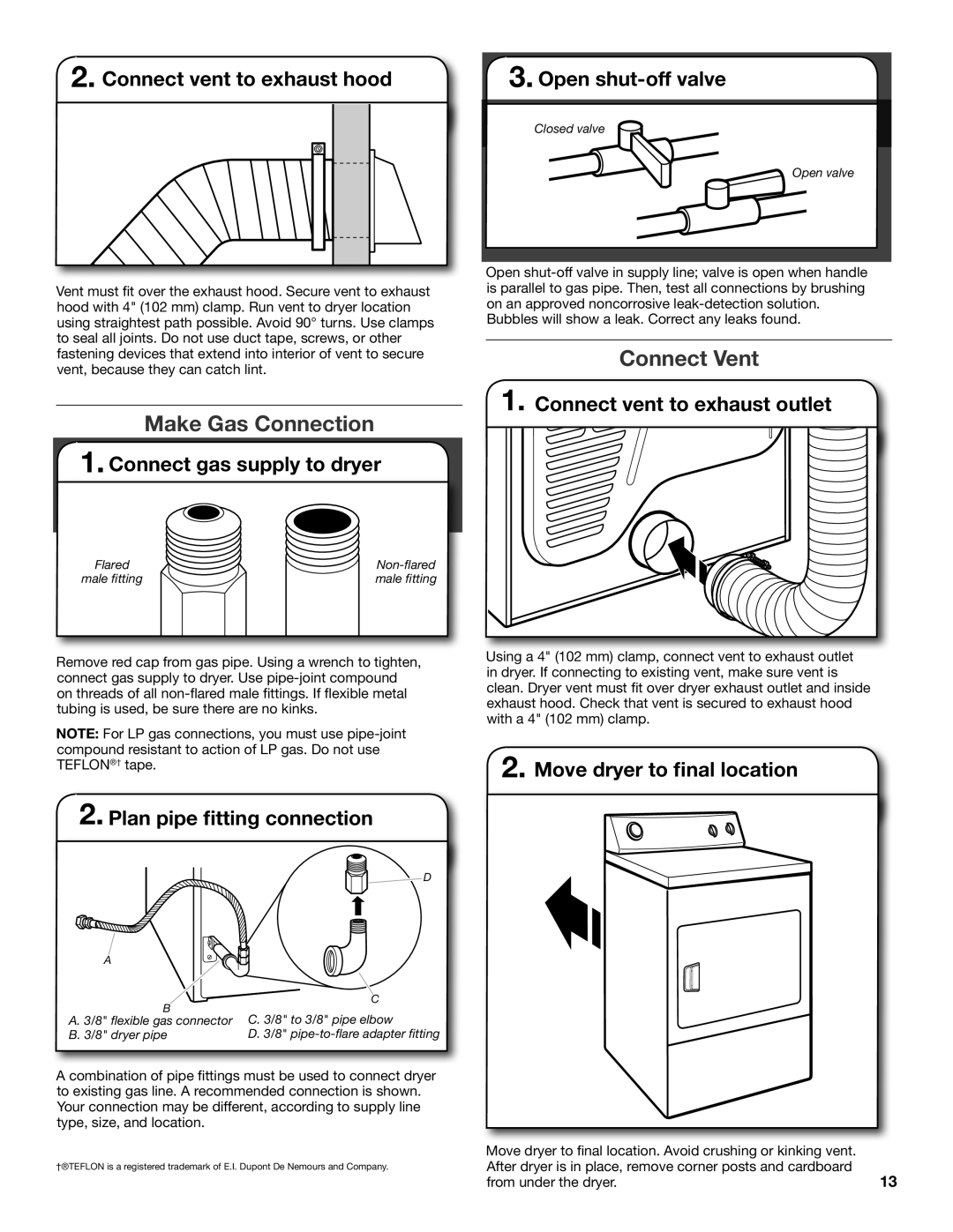 Whirlpool W10115229B-SP, W10115228B installation instructions Make Gas Connection, Connect Vent 