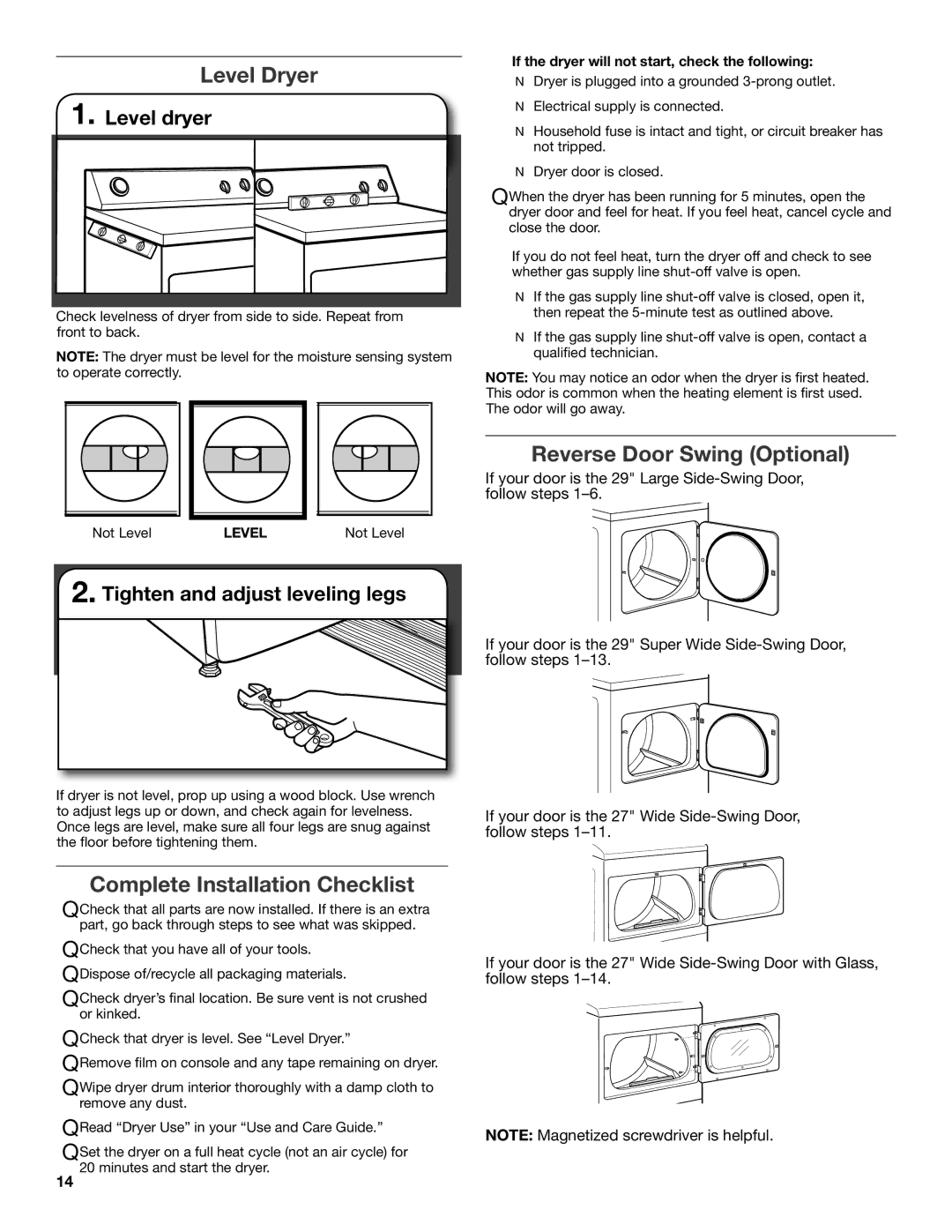 Whirlpool W10115228B, W10115229B-SP Level Dryer, Complete Installation Checklist, Reverse Door Swing Optional, Level dryer 