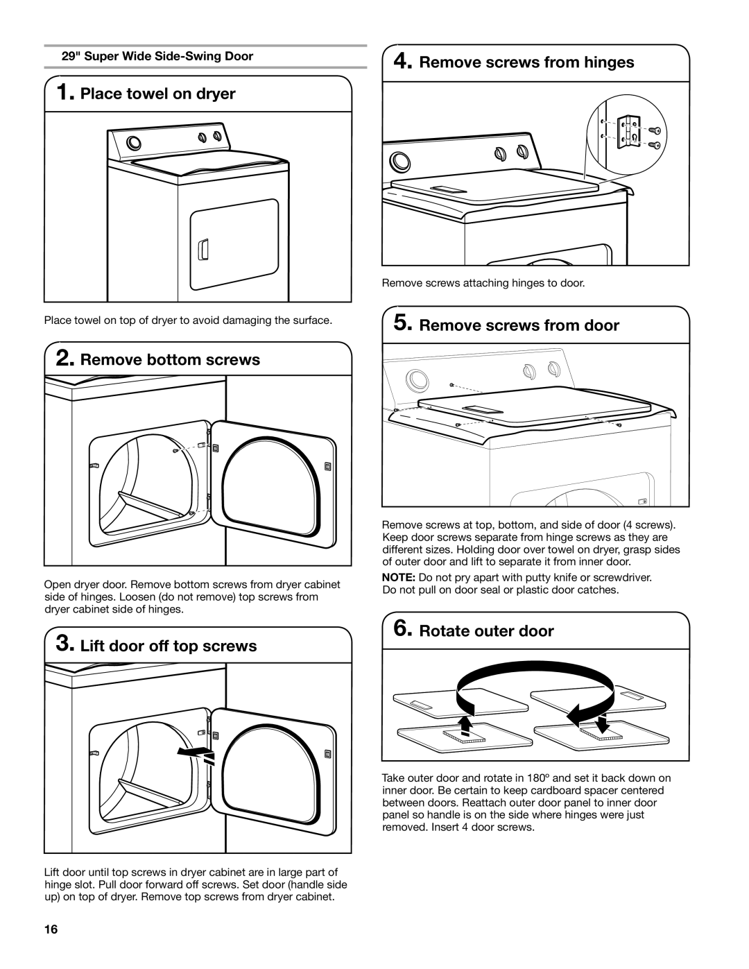 Whirlpool W10115228B Remove screws from hinges, Remove screws from door, Rotate outer door, Super Wide Side-Swing Door 