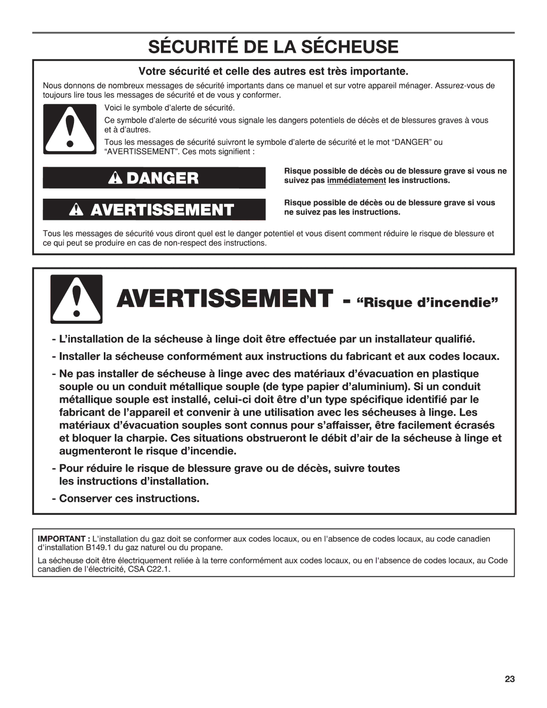 Whirlpool W10115229B-SP, W10115228B installation instructions Sécurité de la sécheuse 