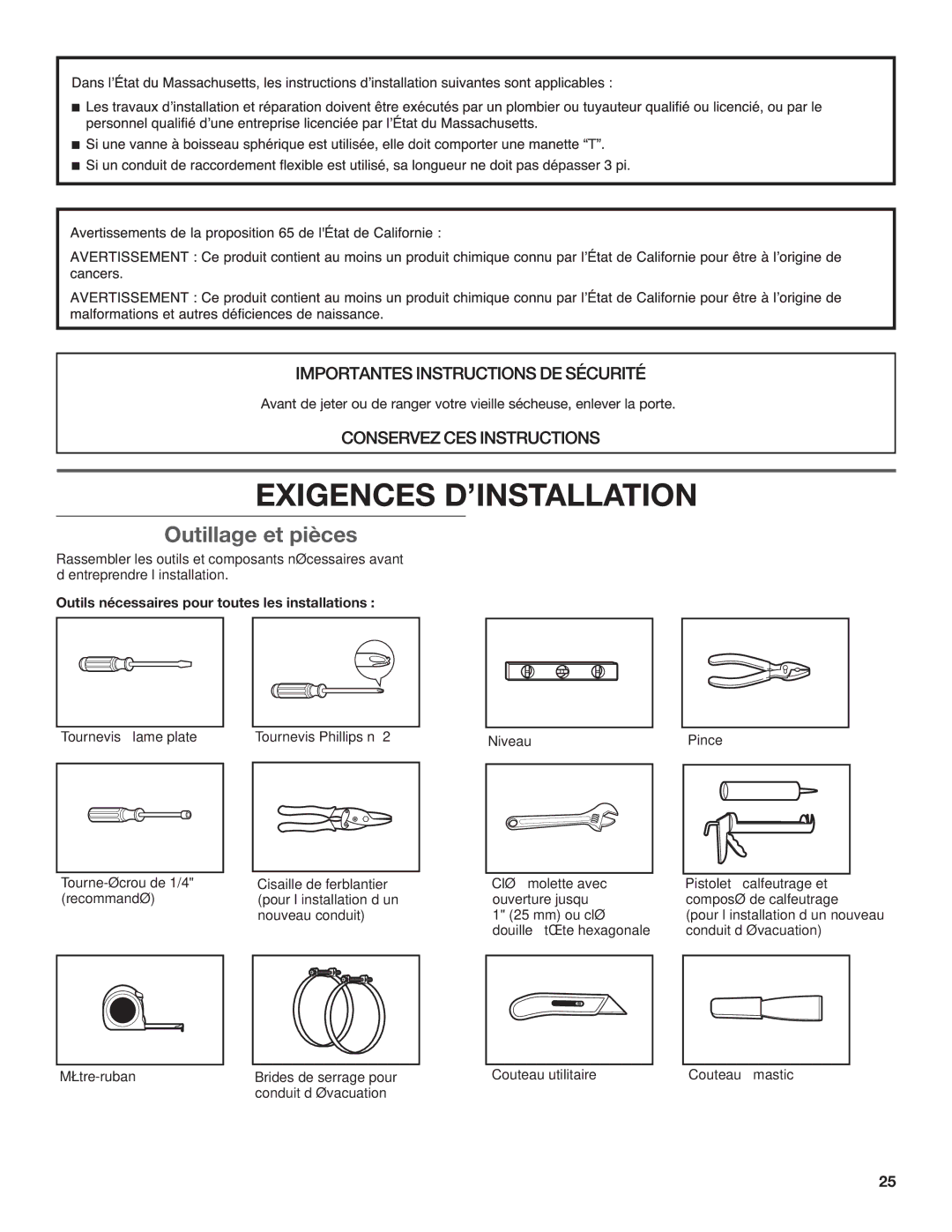 Whirlpool W10115229B-SP, W10115228B Outillage et pièces, Outils nécessaires pour toutes les installations 