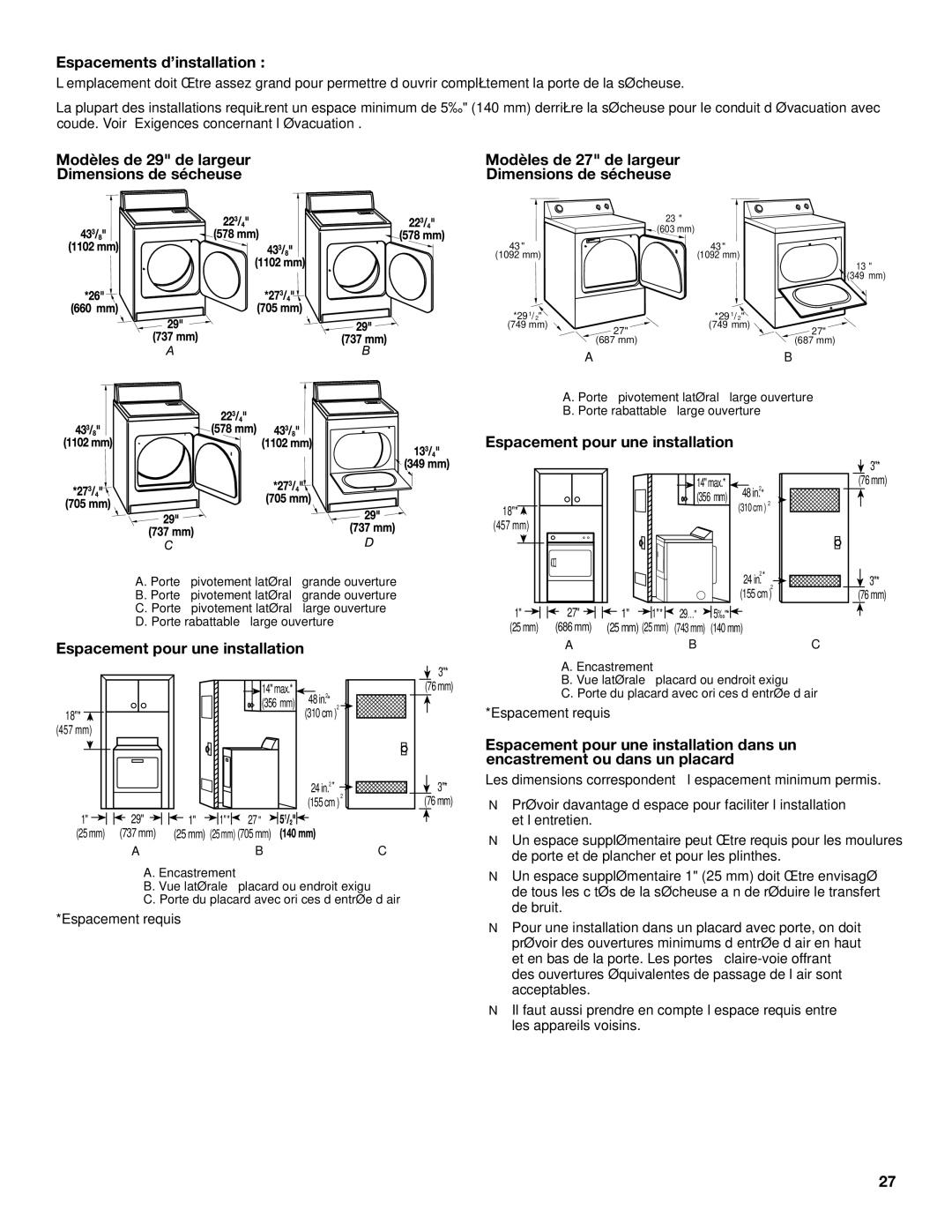 Whirlpool W10115229B-SP Espacements d’installation, Espacement pour une installation, Encastrement ou dans un placard 