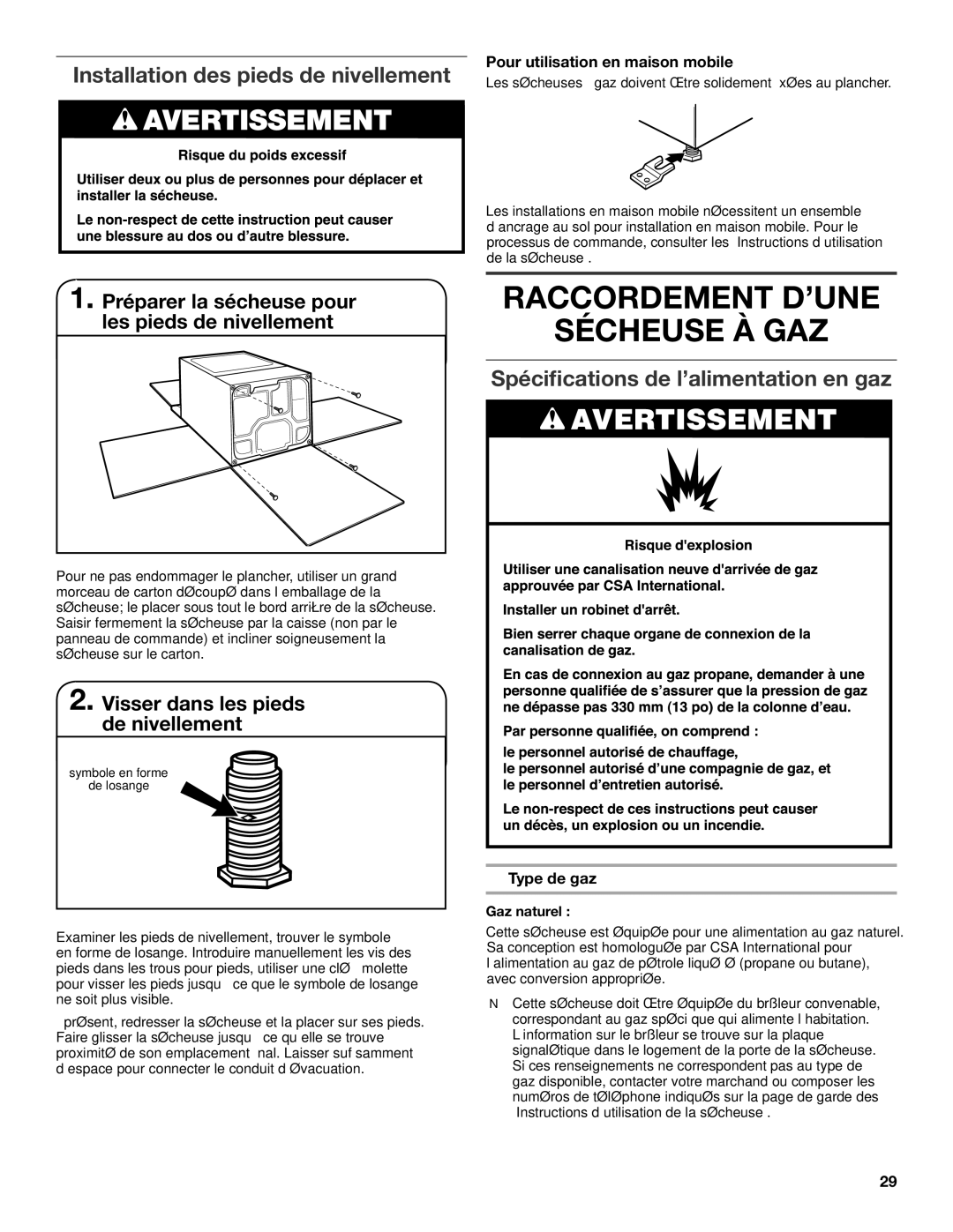 Whirlpool W10115229B-SP, W10115228B Installation des pieds de nivellement, Spécifications de l’alimentation en gaz 