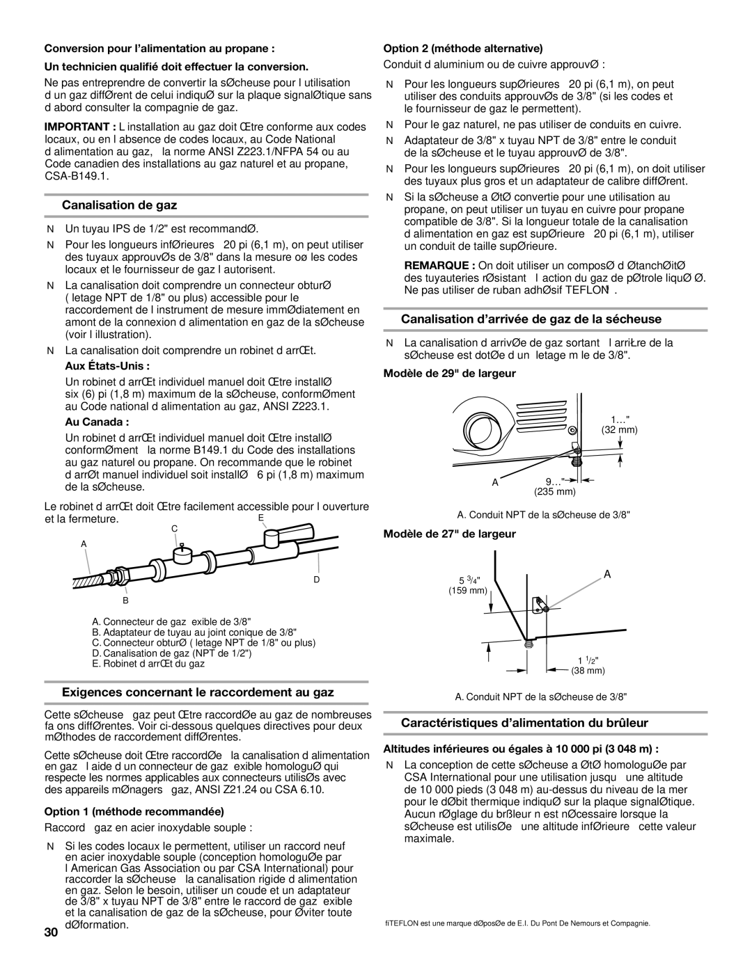 Whirlpool W10115228B, W10115229B-SP Canalisation de gaz, Exigences concernant le raccordement au gaz 