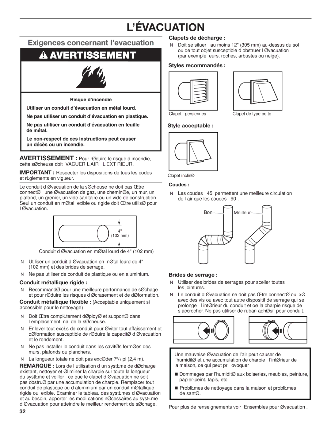 Whirlpool W10115228B, W10115229B-SP installation instructions Exigences concernant l’evacuation 