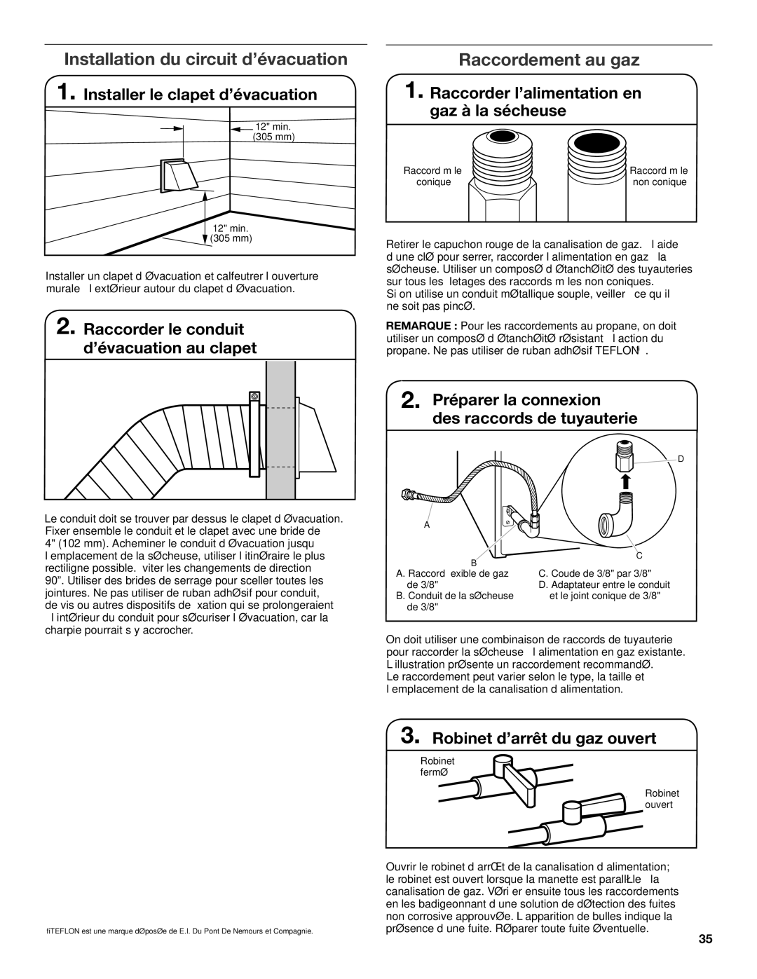 Whirlpool W10115229B-SP, W10115228B installation instructions Installation du circuit d’évacuation, Raccordement au gaz 