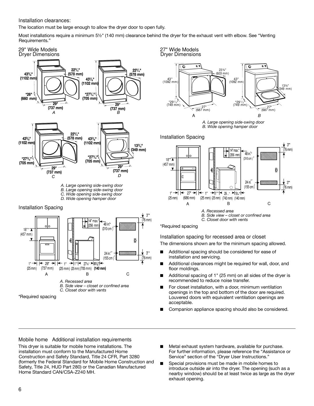 Whirlpool W10115228B, W10115229B-SP Installation clearances, Wide Models Dryer Dimensions, Installation Spacing 