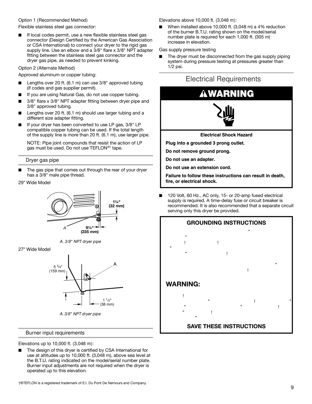 Whirlpool W10115229B-SP, W10115228B installation instructions Dryer gas pipe, Burner input requirements 