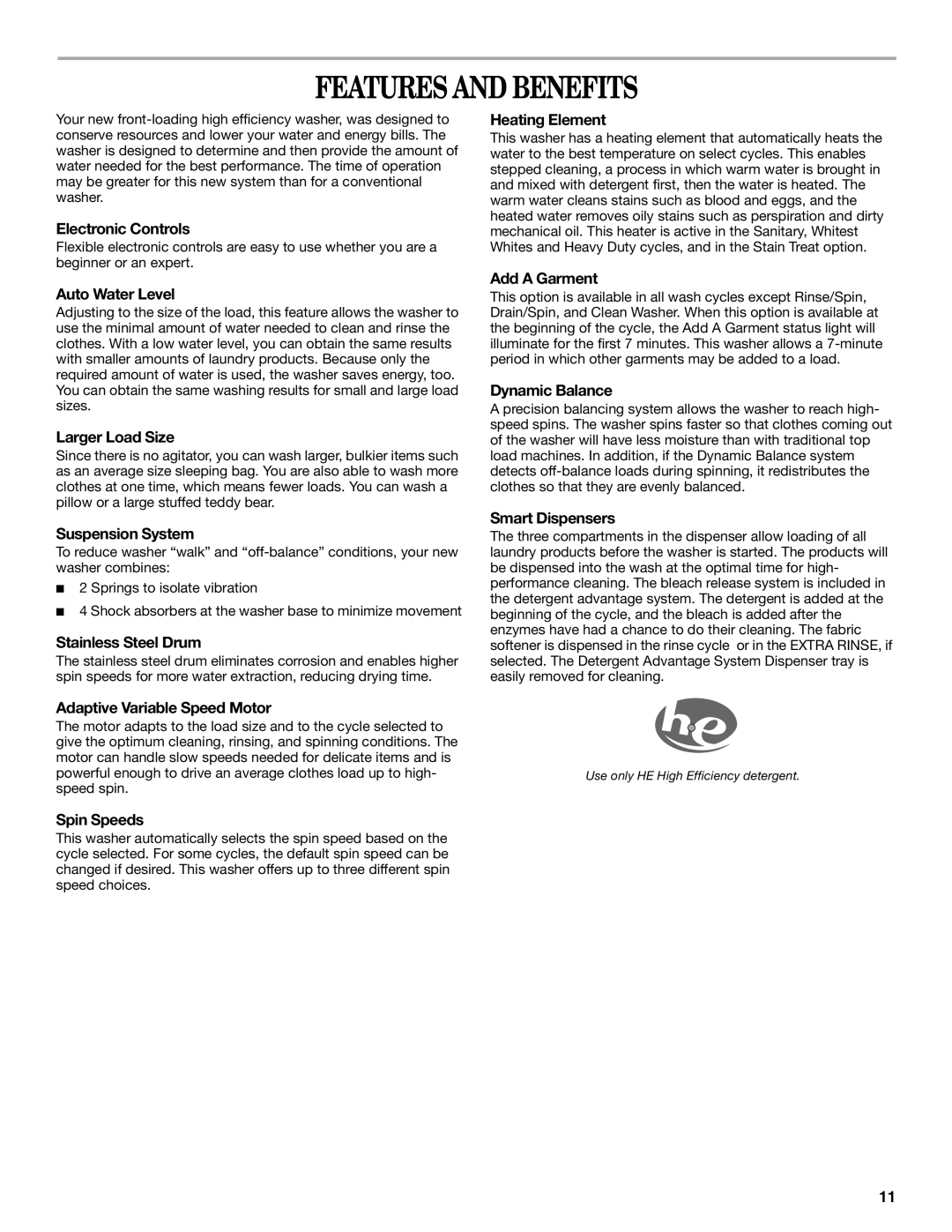 Whirlpool W10117768A manual Features and Benefits 