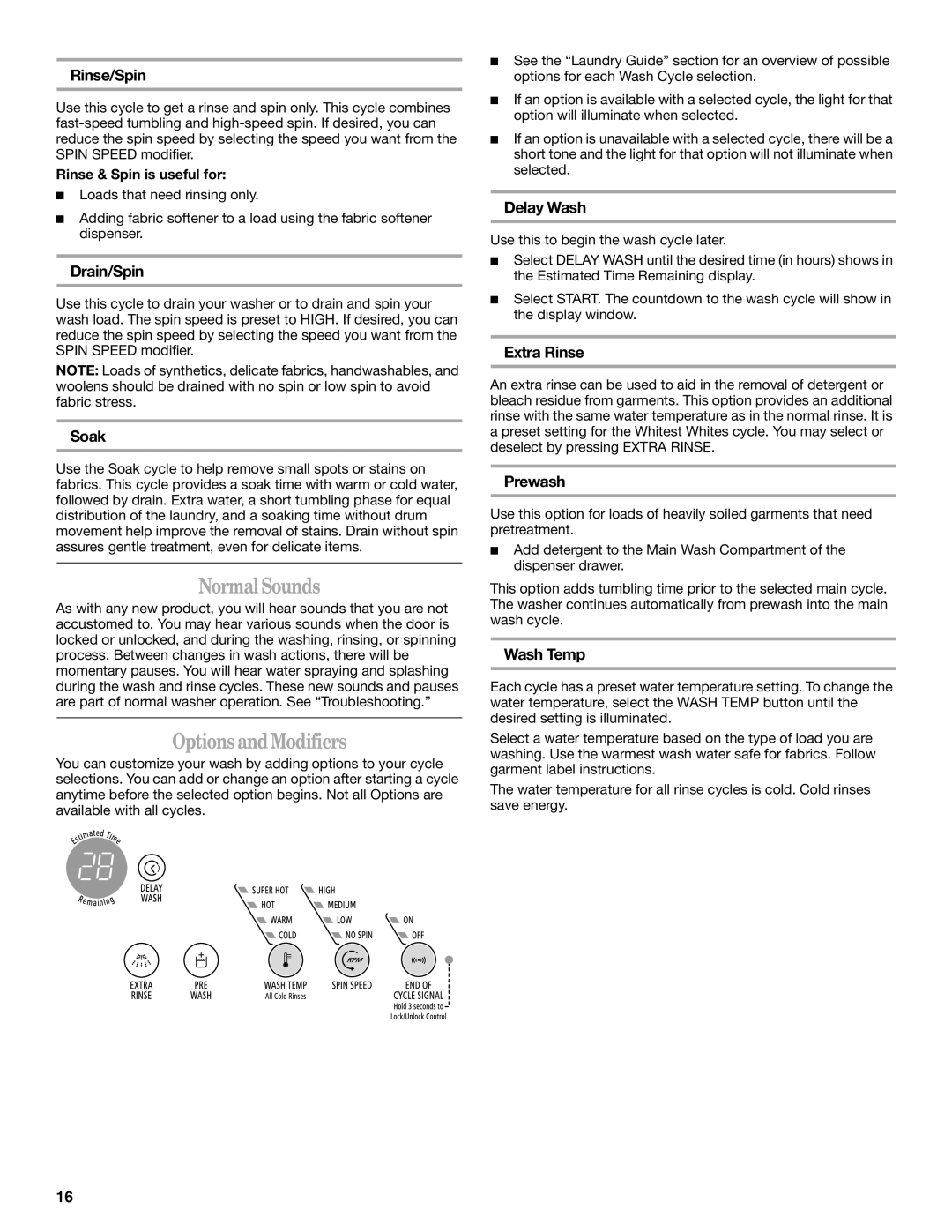 Whirlpool W10117768A manual NormalSounds, OptionsandModifiers 