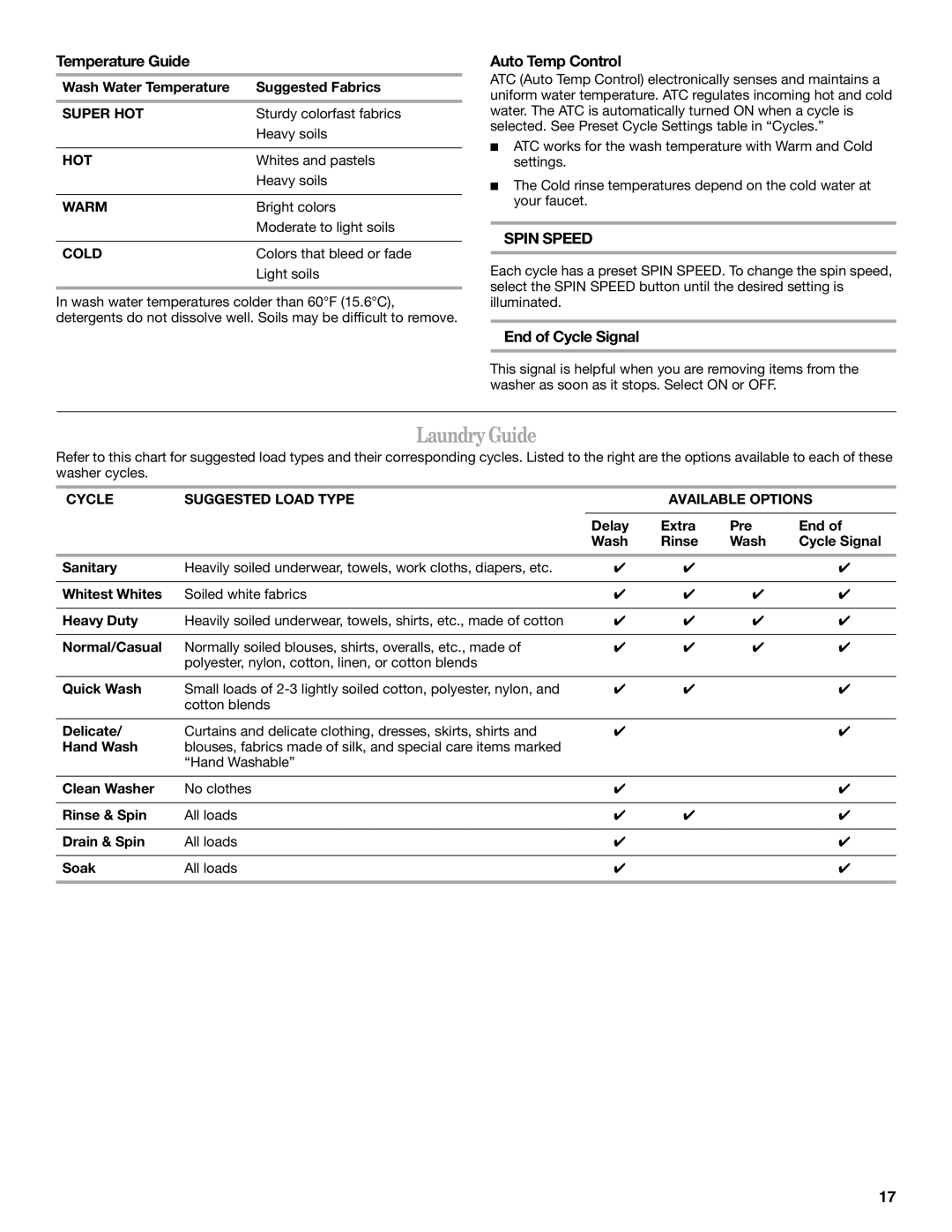 Whirlpool W10117768A manual LaundryGuide, Temperature Guide, Auto Temp Control, End of Cycle Signal 