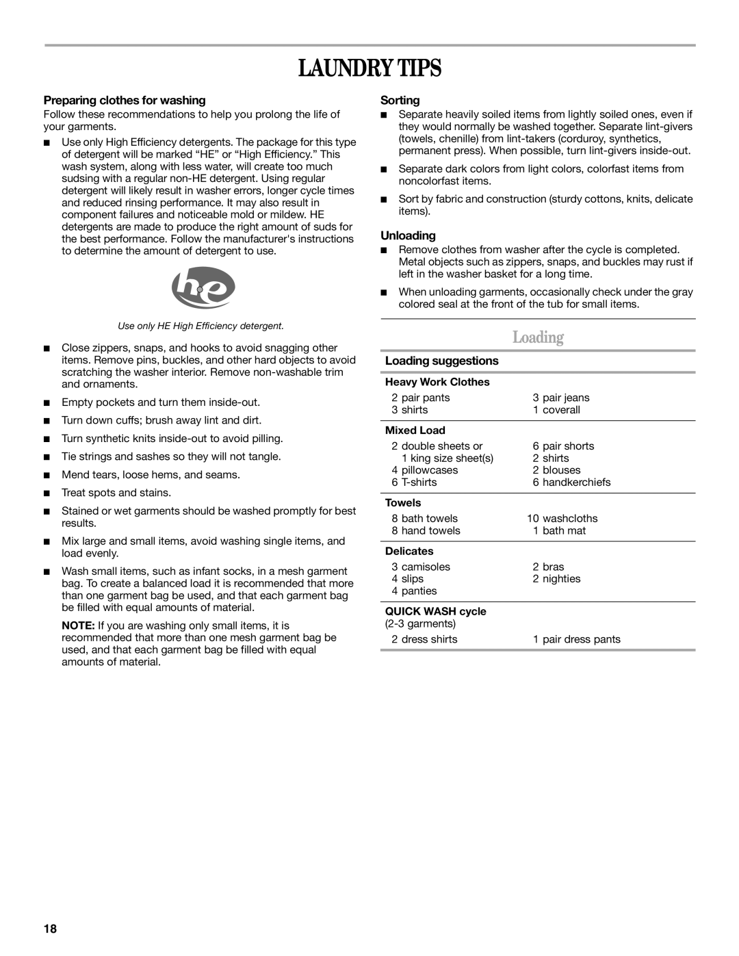 Whirlpool W10117768A manual Laundry Tips, Loading 