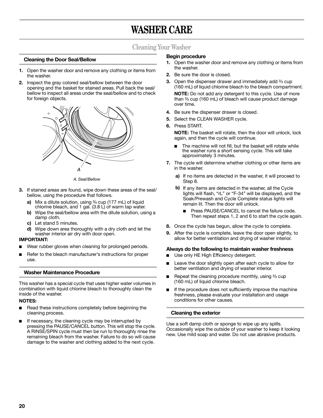 Whirlpool W10117768A manual Washer Care, CleaningYourWasher 