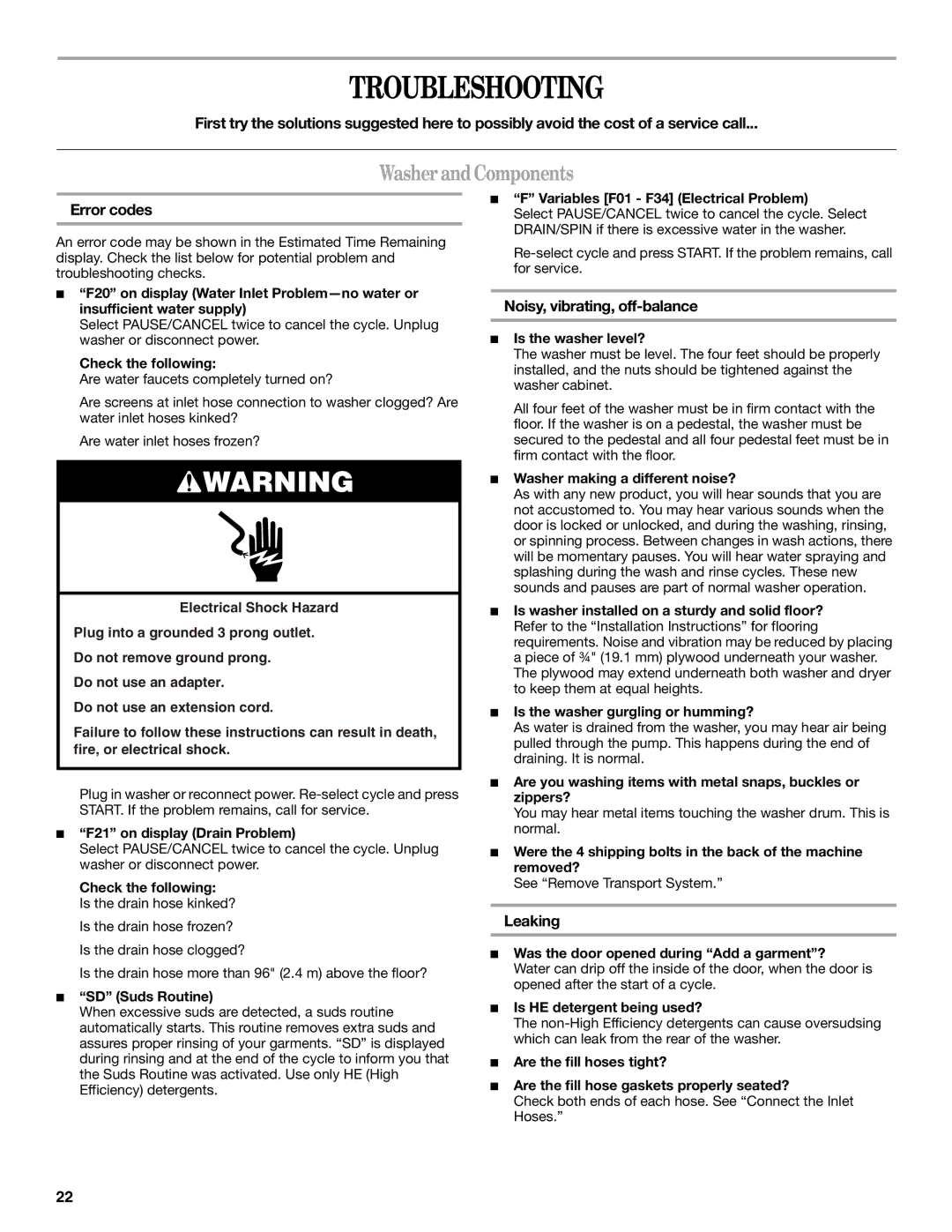 Whirlpool W10117768A manual Troubleshooting, WasherandComponents, Error codes, Noisy, vibrating, off-balance, Leaking 