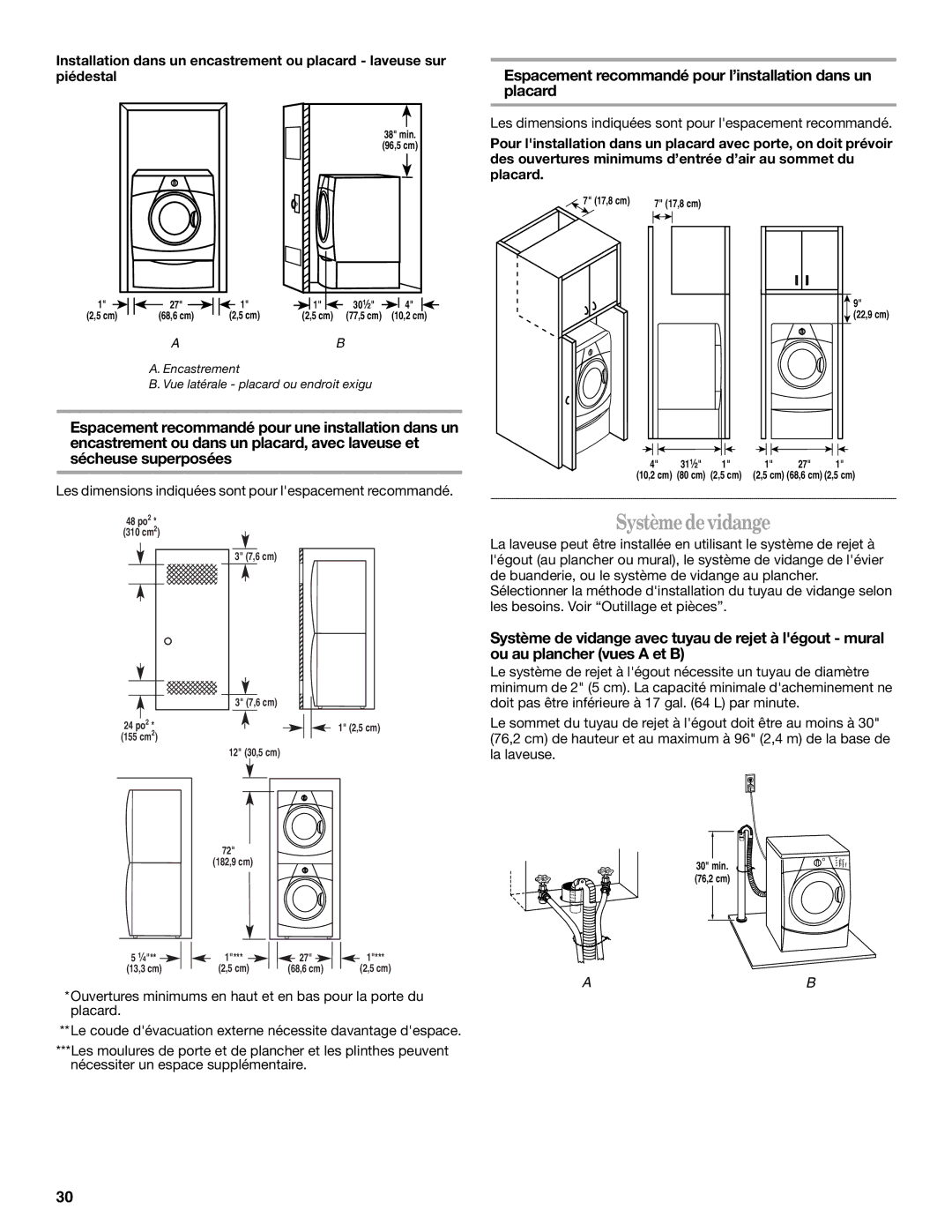 Whirlpool W10117768A manual Systèmedevidange, Espacement recommandé pour l’installation dans un placard 