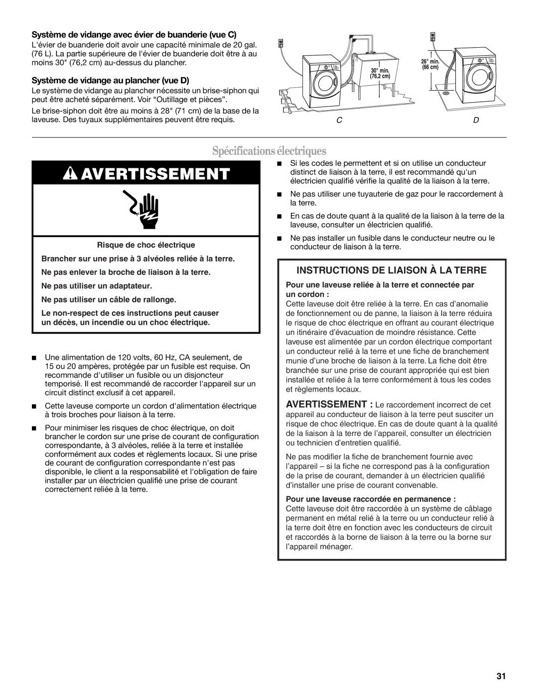 Whirlpool W10117768A manual Spécificationsélectriques, Système de vidange avec évier de buanderie vue C 