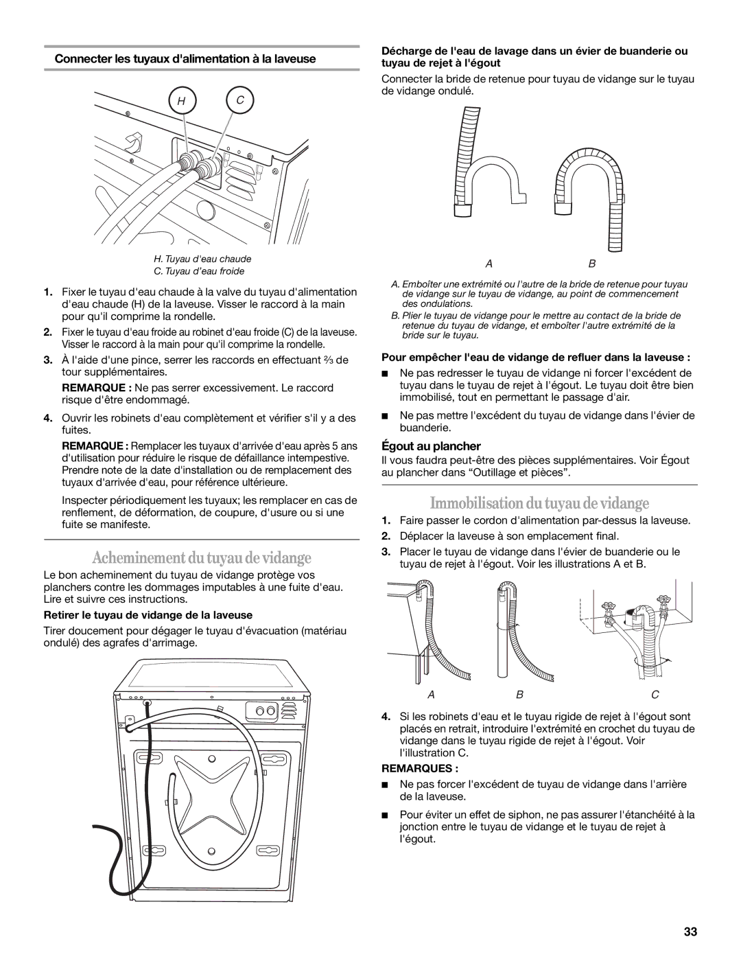 Whirlpool W10117768A manual Acheminementdutuyau devidange, Immobilisationdu tuyau devidange, Égout au plancher 