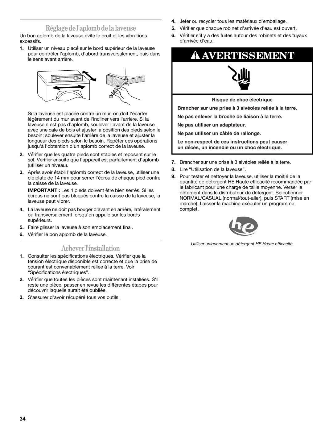 Whirlpool W10117768A manual Réglagedelaplombdelalaveuse, Acheverlinstallation 