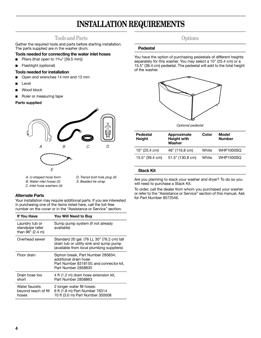 Whirlpool W10117768A manual Installation Requirements, ToolsandParts, Options 