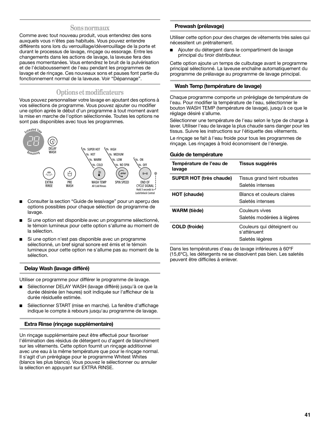 Whirlpool W10117768A manual Sonsnormaux, Optionsetmodificateurs 