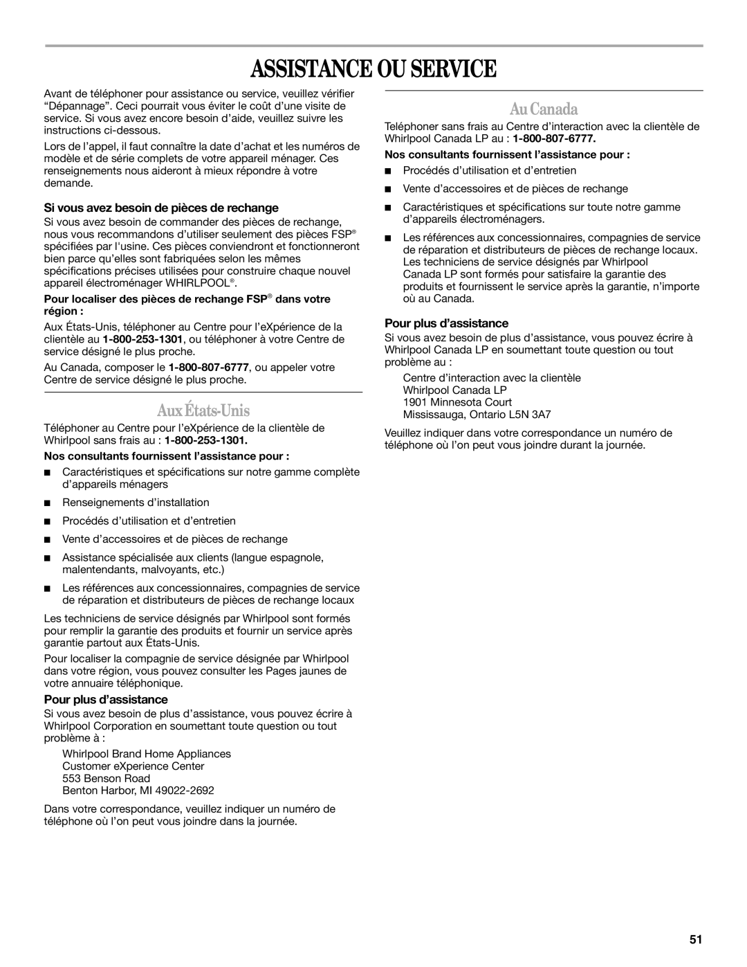 Whirlpool W10117768A manual Assistance OU Service, AuxÉtats-Unis, Au Canada, Si vous avez besoin de pièces de rechange 