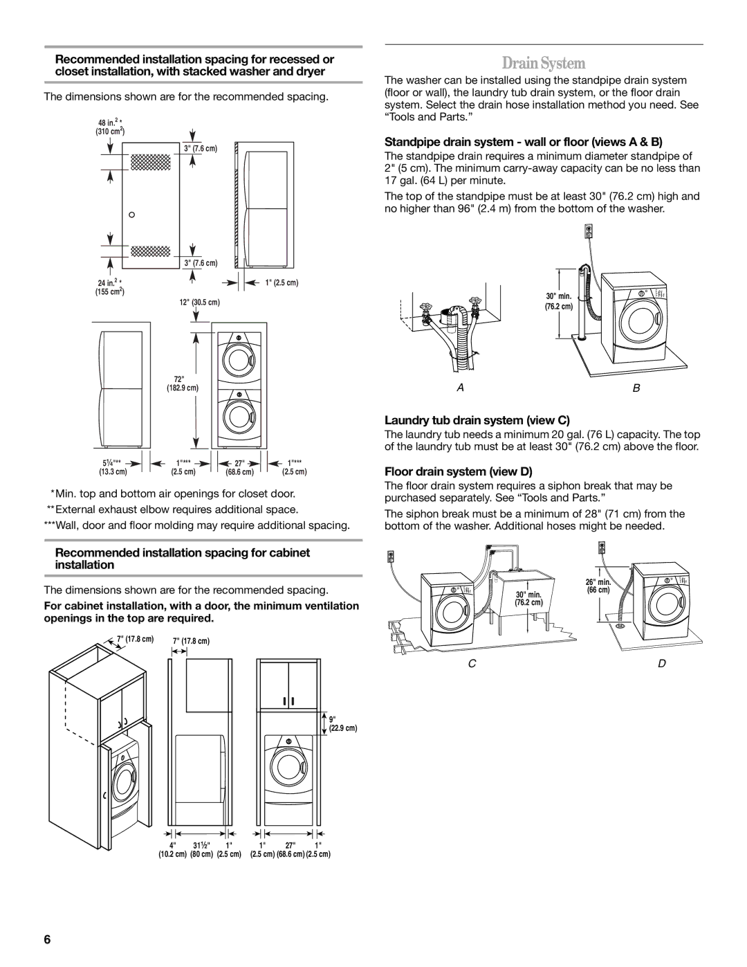 Whirlpool W10117768A manual DrainSystem, Standpipe drain system wall or floor views a & B, Laundry tub drain system view C 