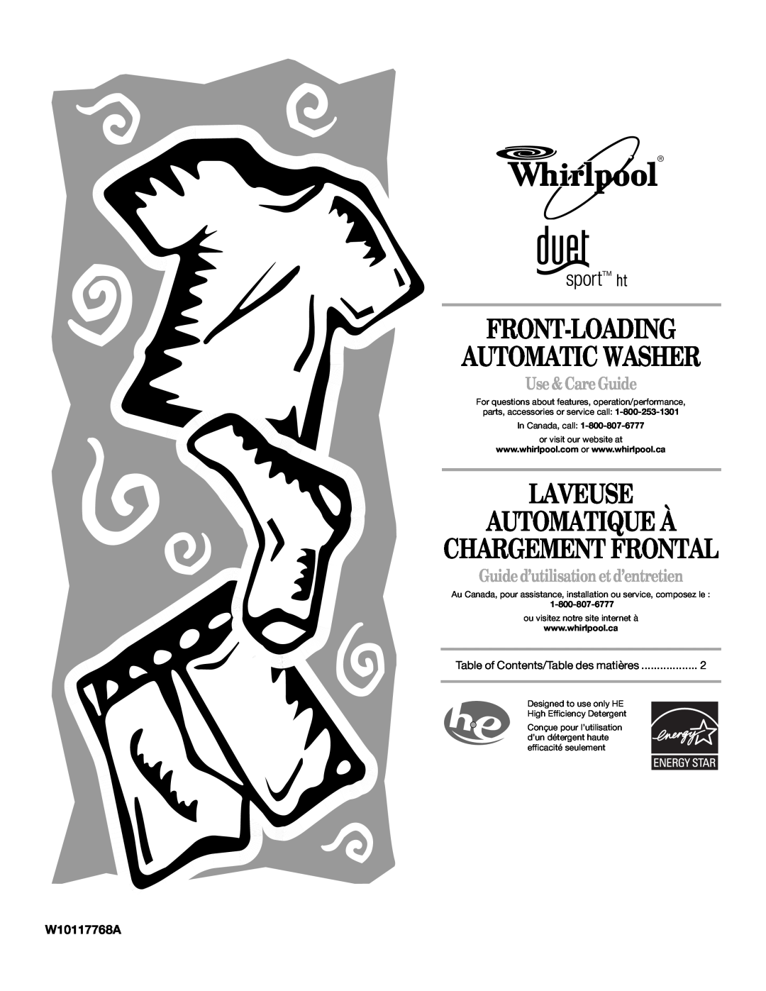 Whirlpool W10117768A manual Use& CareGuide, Guided’utilisation etd’entretien, Front-Loading Automatic Washer 