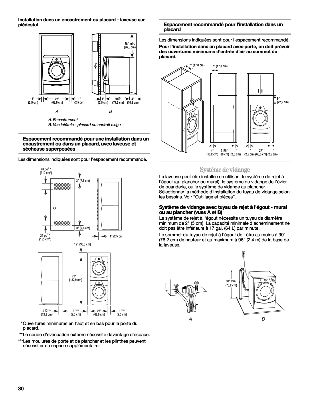 Whirlpool W10117768A manual Systèmedevidange, Espacement recommandé pour l’installation dans un placard 