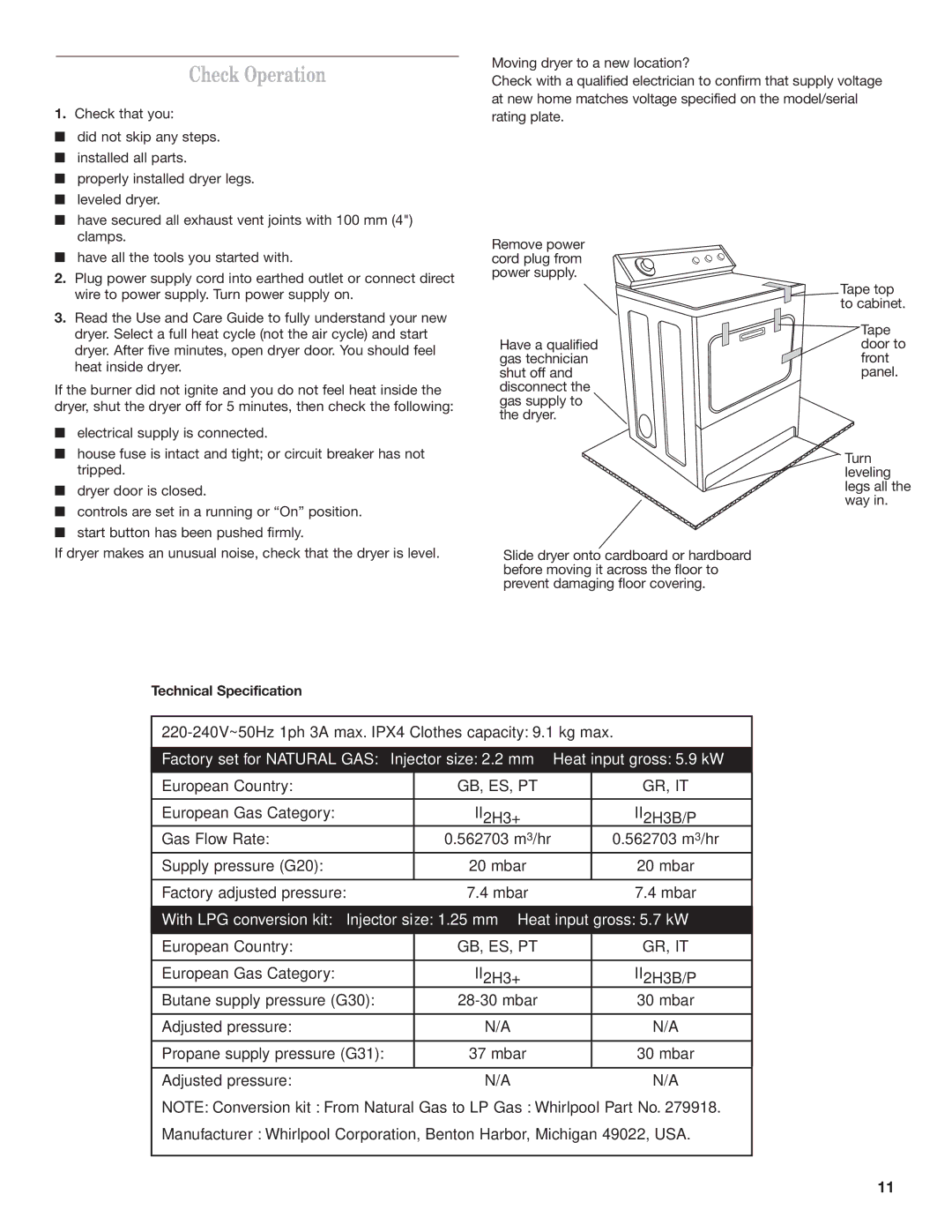 Whirlpool W10120482A installation instructions Check Operation, Technical Specification 