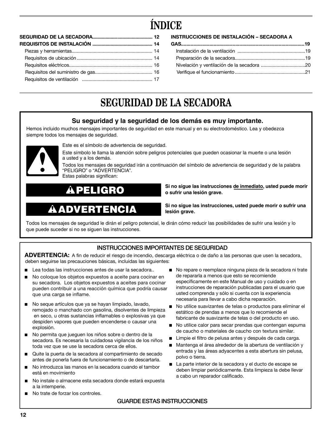 Whirlpool W10120482A installation instructions Índice, Seguridad DE LA Secadora 