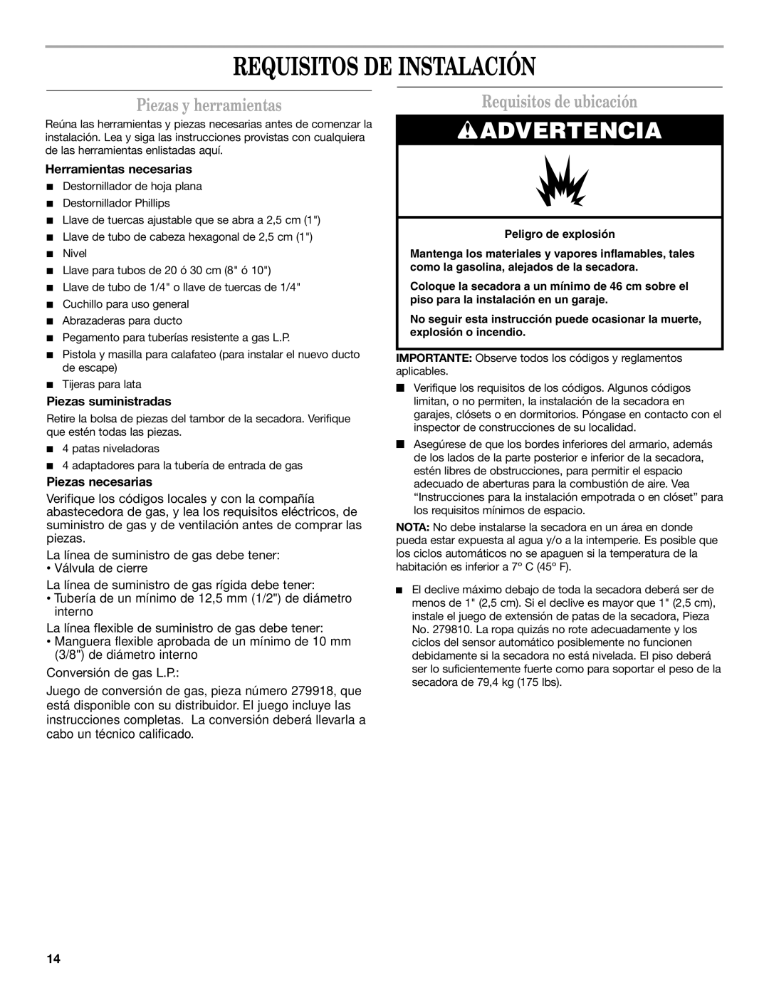 Whirlpool W10120482A installation instructions Requisitos DE Instalación, Piezas y herramientas, Requisitos de ubicación 