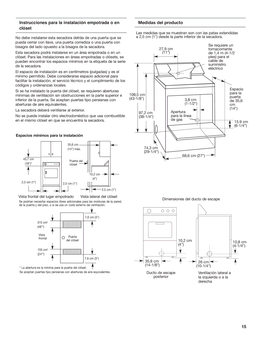 Whirlpool W10120482A Instrucciones para la instalación empotrada o en clóset, Medidas del producto 