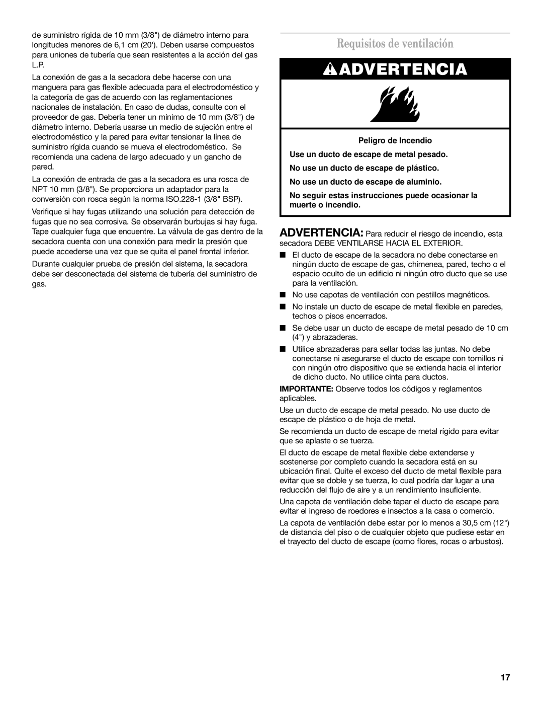 Whirlpool W10120482A installation instructions Requisitos de ventilación 