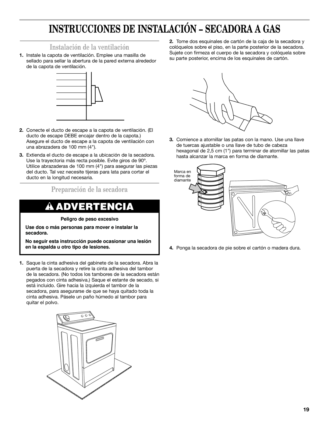 Whirlpool W10120482A installation instructions Instalación de la ventilación, Preparación de la secadora 