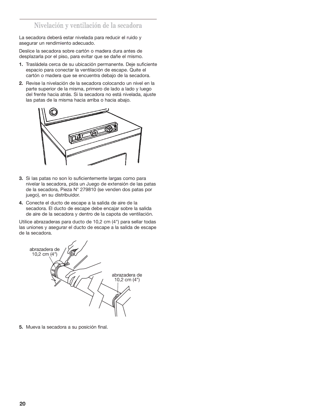 Whirlpool W10120482A installation instructions Nivelación y ventilación de la secadora 