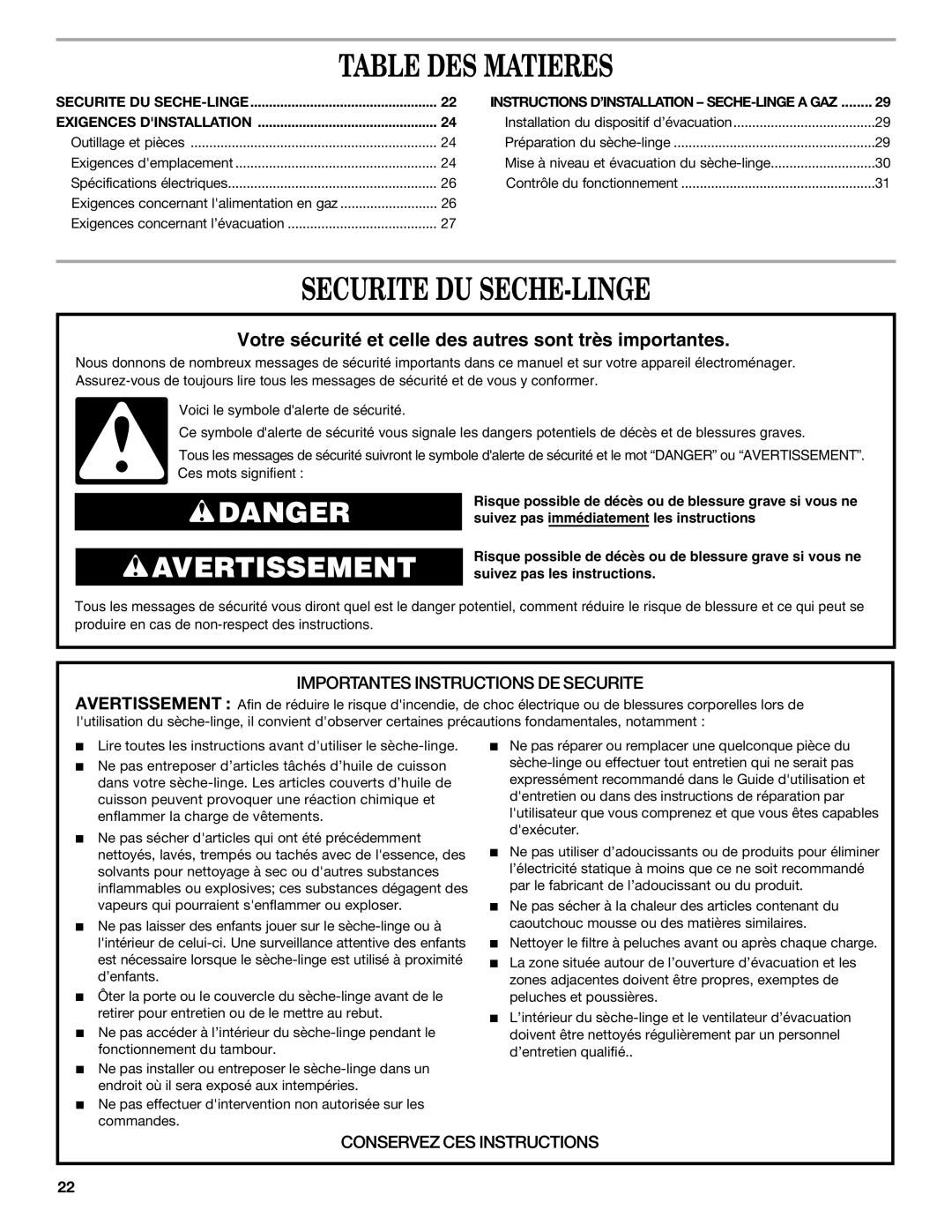 Whirlpool W10120482A installation instructions Table DES Matieres, Securite DU SECHE-LINGE 