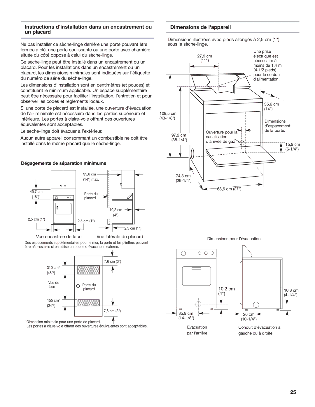 Whirlpool W10120482A installation instructions Dimensions de lappareil, Dégagements de séparation minimums 